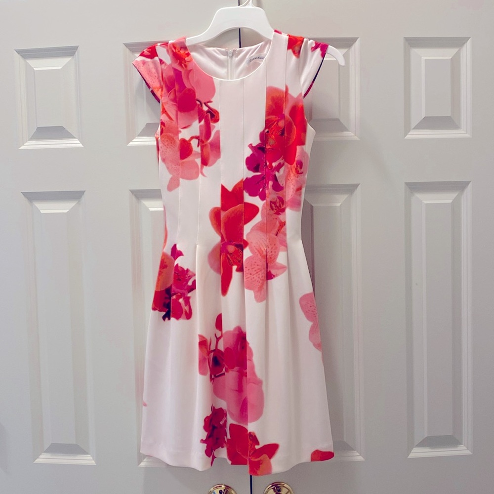 Spring pink and white dress, pleated bodice, fit and flare skirt, Calvin Klein